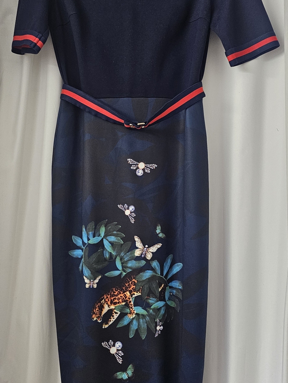 Navy Botanical & Leopard Print Sheath Dress with Red Trim